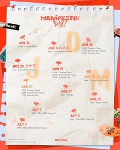 an orange and white poster with the dates for manifest 2011 on it's side