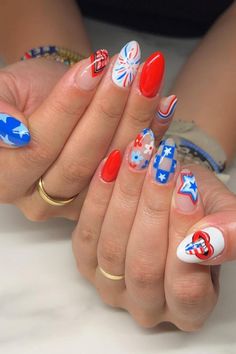 34 Super Cute and Patriotic Fourth of July Nails Inspo Fourth Of July Nails Cherry, Fourth Of July Aura Nails, Cherry 4th Of July Nails, Red And Blue Cherry Nails, Simple 4th Of July Nails Fireworks, Fourth Of July Nails Almond Shape