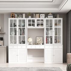 a living room filled with white furniture and lots of bookshelves on top of it