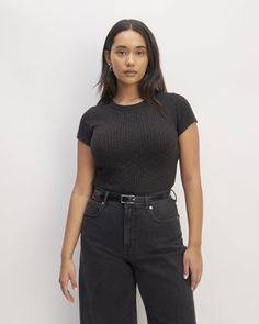 The Rib-Knit Organic Cotton Short-Sleeve Crew Everlane Casual Crew Neck Top, Everlane Fitted Casual Top, Casual Fitted Everlane Tops, Everlane Casual T-shirt, Everlane Relaxed Fit Short Sleeve Tops, Everlane Cotton Short Sleeve Tops, Everlane Casual Short Sleeve T-shirt, Everlane Casual Black Tops, Spring Knits