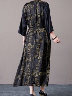 Step out in style with this black and gold geometric print maxi dress. Featuring a striking geometric pattern and a flattering V-neckline, this dress exudes elegance and sophistication. The cinched waist and flowing silhouette provide a comfortable and chic fit, perfect for both formal occasions and stylish everyday wear. Pair with bold accessories and heels for a complete, polished look. Key Features: Black and gold geometric print V-neckline for a flattering look Cinched waist for a chic fit Flowing silhouette for comfort Suitable for formal occasions and everyday wear Chic Formal Dress, Maxi Dress Elegant, Comfortable Maxi Dresses, Black And Gold Dress, Dress Geometric, Dress Stylish, Dress Comfortable, Everyday Dress, Bold Accessories