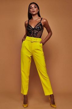 This flat front ankle pants features a high-belted waist with zippered fly and FRONT pockets. Comes in four fab colors from which to choose and made with a polyester blend for easy care. Pair with your favorite heels or booties. Spring Trousers, Yellow Pants, Polyester Pants, Just Style, Rose Rouge, Womens Floral Dress, Long Dress Casual, Loose Pants, Women Long Dresses