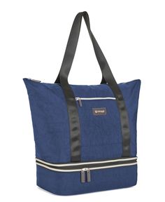 a blue tote bag with black straps