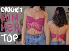 two women wearing pink bras with the words crochet bummer top