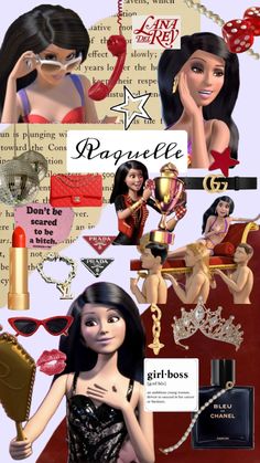 a collage of barbie dolls and accessories including necklaces, earrings, lipstick, perfume bottle