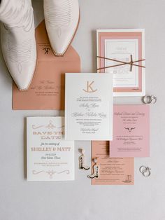 A spring wedding in Fort Worth is the perfect opportunity to embrace cowboy chic vibes and a fun color palette. Letterpress details and a color palette of pink, rust, and white bring this spring wedding invitation to life. The leather string band to tie all the cards together added the perfect western touch. Western Wedding Invitations, Cowboy Chic, Spring Texas, Spring Wedding Invitations, Custom Wedding Stationery, Chic Vibes, Fun Color, Western Wedding, Custom Stationery