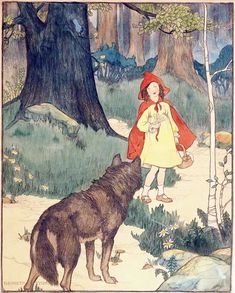 a little red riding on the back of a wolf next to a girl in a yellow dress