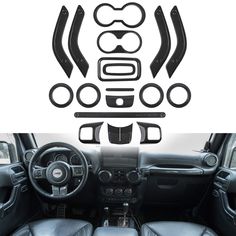 the interior of a car with steering wheel and dash stickers