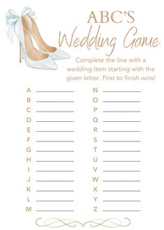 a wedding game with high heel shoes and the words abc's wedding game written on it