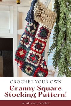 a crocheted stocking hanging from a tree with text overlay that reads, crochet your own granny square stocking pattern