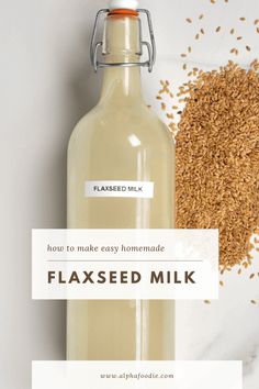 flaxseed milk in a glass bottle next to an oatmeal