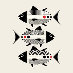 three black and white fish with red dots on their backs, one in the middle