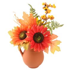 an arrangement of flowers in a vase with leaves and berries on the top, against a white background