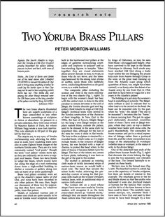 an article in a magazine about two yoruba brass pillars