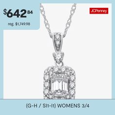 Diamond Clarity: Si1-I1Jewelry Closure: Spring Ring ClaspSetting: ProngShape: EmeraldStone Cut: EmeraldDiamond Color: G-HMetal Color: WhiteChain Length: 18 InchPendant Length: 16.8mmPendant Width: 7.8mmRounded Carat Weight: 3/4 Ct. T.w.Chain Construction: BoxCare: Wipe CleanStone Type: 26 Lab Grown DiamondAuthenticity: Lab Grown DiamondBirthstone: April BirthstoneMetal: 10k White GoldNecklace Type: Halo Necklaces, Multi-Diamond Necklaces, Pendant NecklacesCountry of Origin: Imported Formal Diamond Necklace With Vs Clarity, Pendant Diamond Necklace For Anniversary, White Gold Pendant Necklace, Halo Necklace, Necklaces Pendant, White Gold Pendant, Diamond Necklaces, Gold Pendant Necklace, Diamond Clarity