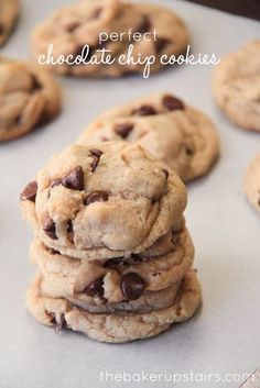 chocolate chip cookies stacked on top of each other