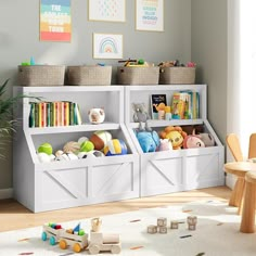 a child's playroom with toys and books