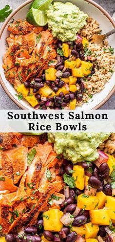 southwest salmon rice bowls with black beans, avocado and cilantro sauce