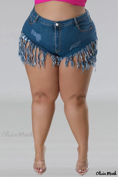 Olivia Mark - Chic Print Tassel High Waist Denim Shorts with Conventional Patchwork - Plus Size Denim Fringe Shorts, Plus Size Denim Shorts, Denim Style Casual, Tassel Shorts, Plus Size Denim, Bodycon Dresses Casual, Casual White Dress, Plus Size Fits, Plus Size Jumpsuit