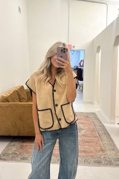 taupe sherpa best featuring a button down front and black stitch detailing Tweed Vest Outfit, Sherpa Vest Outfit, Black Stitch, Tweed Vest, Vest Outfit, Sherpa Vest, Fall Inspo, Vest Coat, Vest Outfits