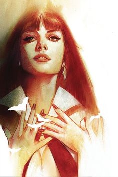 a painting of a woman with red hair holding her hands to her chest and looking at the camera