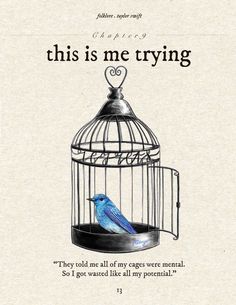 a blue bird in a cage that says, this is me trying