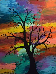 an acrylic painting of a tree with colorful sky in the background