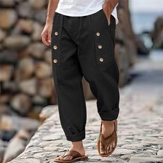 Season:Spring  Summer; Fabric:Linen Cotton Blend; Gender:Men's; Style:Basic,Fashion; Occasion:Holiday,Daily,Casual; Fit Type:Loose Fit; Function:Breathable,Comfort; Waistline:Mid Waist; Pattern:Plain; Design:Buttons,Front Pocket,Pleats,Straight Leg; Brand:OUKU; Pants Type:Trousers,Linen Pants,Summer Pants; Fly Type:Button; Front page:FF; Listing Date:08/22/2024; Pants Length:Full Length Casual Beach Bottoms With Buttons, Casual Bottoms With Button Closure For Vacation, Casual Vacation Bottoms With Button Closure, Cotton Bottoms With Buttons For Vacation, Wide Leg Beach Bottoms With Buttons, Casual Ankle-length Pants With Buttons, Black Summer Pants With Button Closure, Casual Trousers With Buttons, Casual Summer Pants With Button Closure