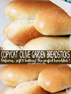 several bread rolls stacked on top of each other with the words copycat olive garden breadsticks below