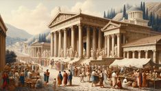 a painting of people standing in front of an old building with many columns and pillars