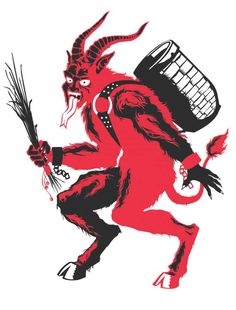 a red and black drawing of a demon holding a basket