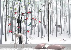 the wallpaper is decorated with birds, trees and deers in the snow - covered forest