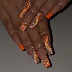 Classy But Extra Nails, Long Nail Designs Orange, Cancun Nails, Orange Acrylic Nails, Orange Nail Designs, Awesome Nails