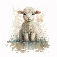 a watercolor painting of a lamb sitting in the grass