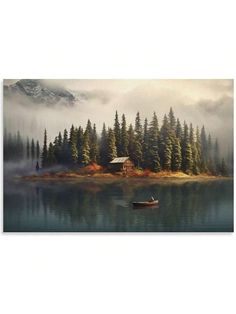 a boat floating on top of a lake next to a forest filled with pine trees