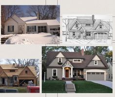 four different views of a house in the snow