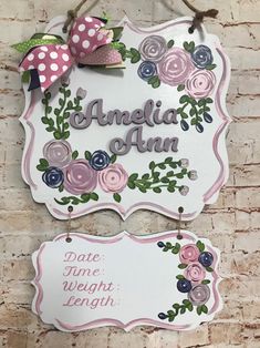 two signs hanging on the side of a brick wall that say,'amelia ann date time weight length '