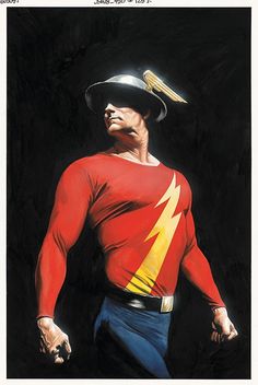 a painting of a man in a red shirt and hat with lightning bolt on his chest