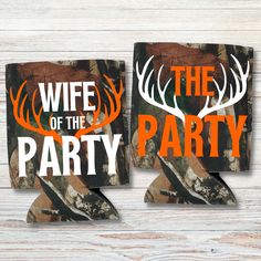 two camo coasters with the words wife of the party printed on them and an antler's head