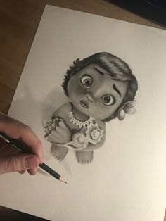 a pencil drawing of a baby girl with big eyes