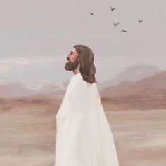 a painting of jesus with birds flying in the sky above him and on his head