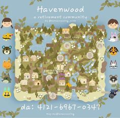 a map with animals and trees on it, including the words havenwood written in different languages