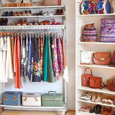 an organized closet with handbags and purses on shelving units, including shoes