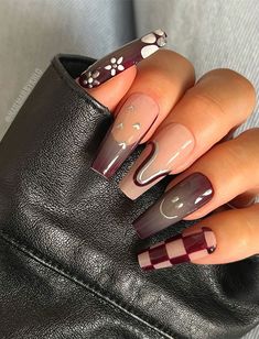 Playful Plum Pattern Coffin-Shaped Nails, stylish autumn nails, autumn nail art, autumn nail designs, trendy fall nails Gel Coffin Nail Designs, Autumn Coffin Nails, Marble Acrylic Nails