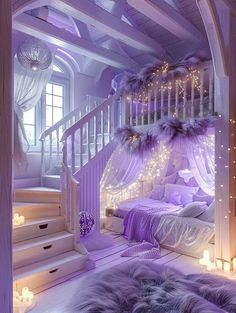 a bedroom with purple and white decor on the walls, carpeted flooring and stairs