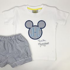 Our Classic Mouse Applique with Monogram Boys T-Shirt is perfect for the most magical day at the park or playing with friends. Choose your fabric and thread color to pair with your little one's round monogram. Add a classic signature for additional customization. Check out our sister match, here! Boys Shirt Embroidery Designs, Toddler Boy Embroidered Shirts, Blue Mickey Mouse Playful T-shirt, Themed Mickey Mouse Short Sleeve T-shirt, Cotton Mickey Mouse Short Sleeve T-shirt, Boys Shirts, Boys T Shirts, White Long Sleeve, White Shorts