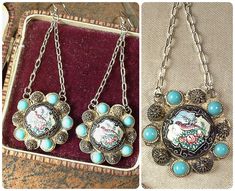 "I am SO excited to be offering these exquisite earrings made from pieces of an antique Persian hand painted enamel and glass turquoise story teller necklace. I can't tell you how much I love how these earrings turned out! The ornate 800 silver ruffled round pieces have a bezel set domed center that is hand painted with a very detailed and colorful bird and flower scene. Circling the centerpiece are alternating turquoise blue glass cabochons and filigree work created from coiled metal thread. Go Vintage Enamel Jewelry Handmade, Collectible Enamel Jewelry With Matching Earrings, Handmade Vintage Enamel Jewelry, Bohemian Hand Painted Metal Jewelry, Bohemian Drop Earrings For Vintage Collection, Vintage Handmade Enamel Jewelry, Vintage Enamel Jewelry With Matching Earrings, Bohemian Enamel Jewelry, Vintage Pierced Enamel Jewelry