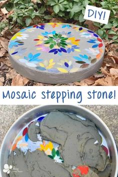 a metal bowl with flowers painted on it and the words mosaic stepping stone in front of it