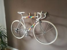 a bike mounted to the side of a wall with a potted plant next to it