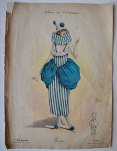 an old fashion illustration of a woman in blue and white striped dress, with a large hat on her head